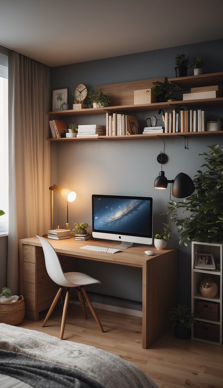 A cozy bedroom with a small desk tucked into a corner, featuring clever storage solutions and a functional workspace