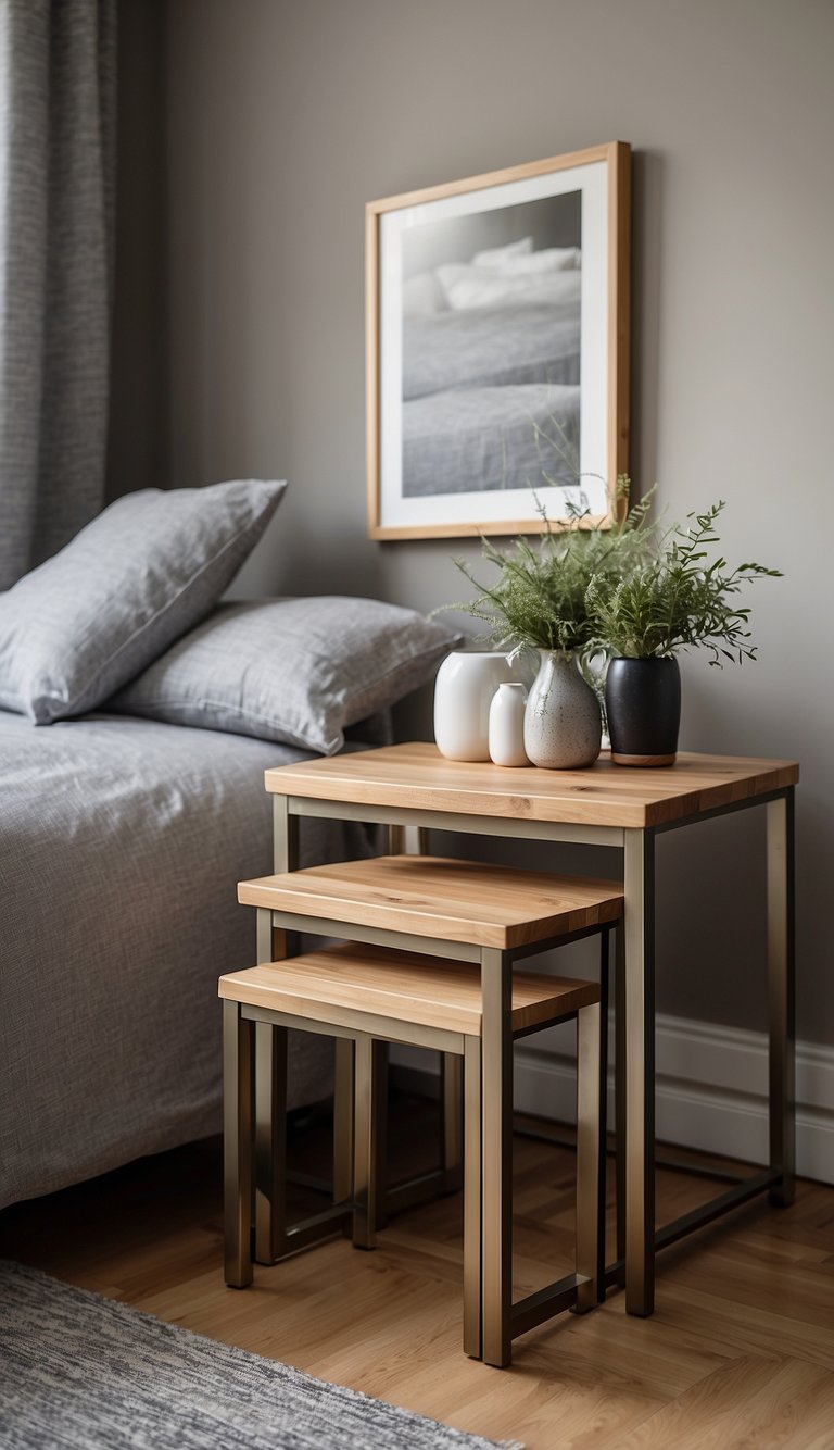 Three nesting tables arranged in a small bedroom, creating a space-saving and stylish solution. The tables are different sizes and heights, adding visual interest to the room