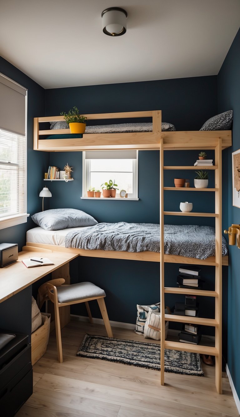 A small bedroom with a loft bed, built-in shelving, under-bed storage, and a wall-mounted desk. Bright colors and natural light create a sense of spaciousness