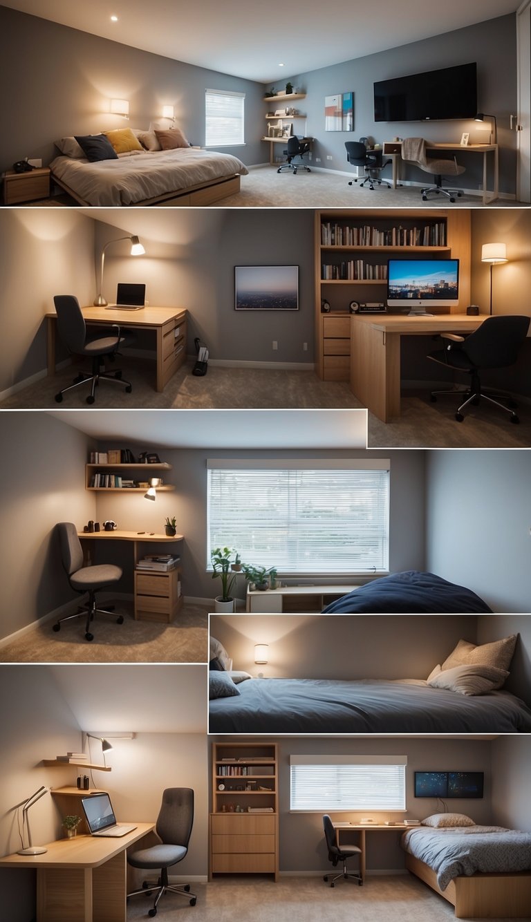 A small bedroom with space-saving furniture options, such as a loft bed, wall-mounted shelves, and a compact desk with storage solutions