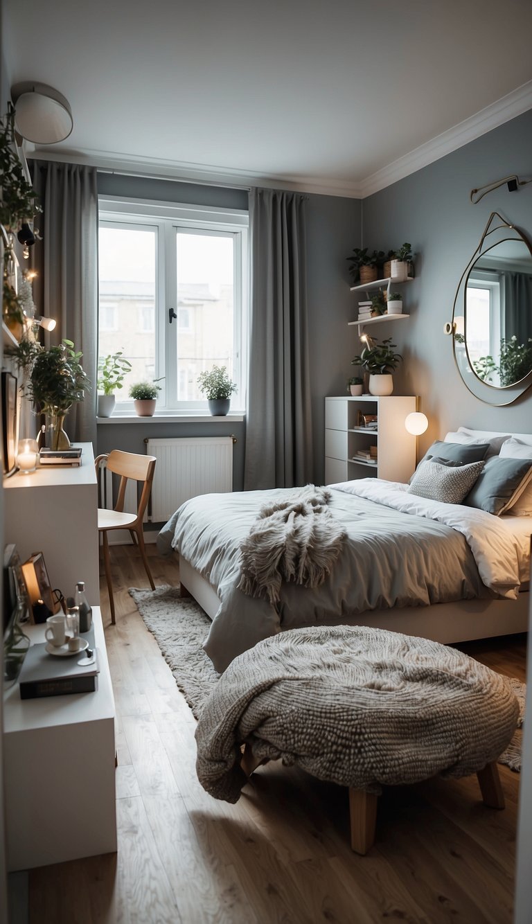 A small bedroom with clever use of mirrors, light colors, and multi-functional furniture to create an illusion of space