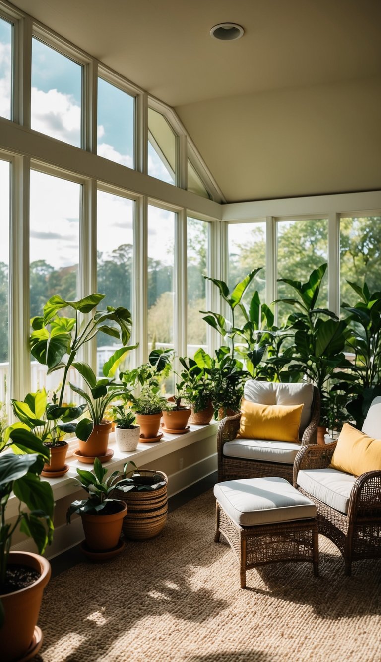 A cozy sunroom with floor-to-ceiling windows, filled with potted plants and comfortable seating, bathed in natural light