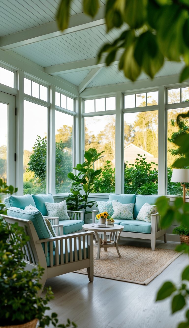 A sunroom with light-colored furniture, surrounded by greenery and filled with natural light