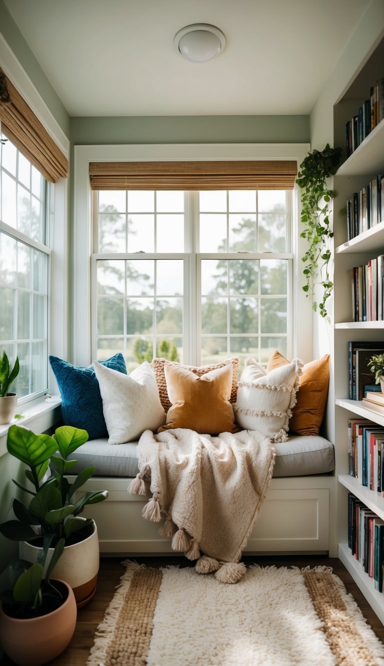 A small sunroom with a cozy reading nook, filled with plush pillows, a soft blanket, and a warm rug, surrounded by shelves of books and potted plants