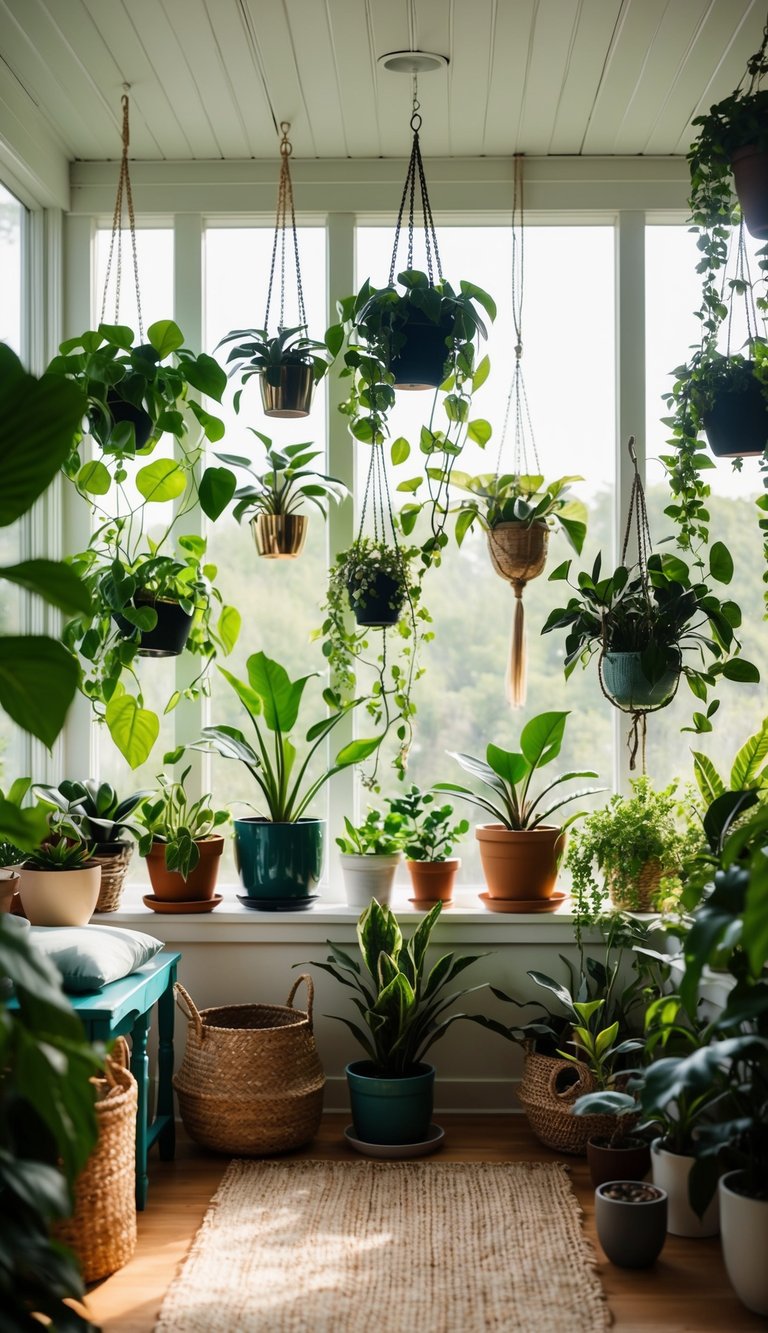 A cozy sunroom filled with natural light, featuring 22 hanging plants of various sizes and types, creating a lush and serene atmosphere