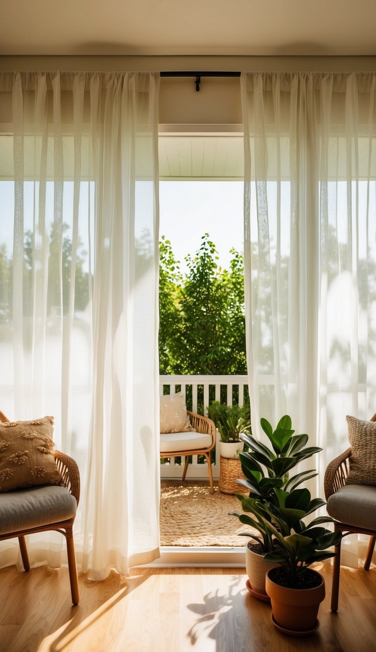 Sheer curtains billow in a sunlit small sunroom, with cozy seating and potted plants