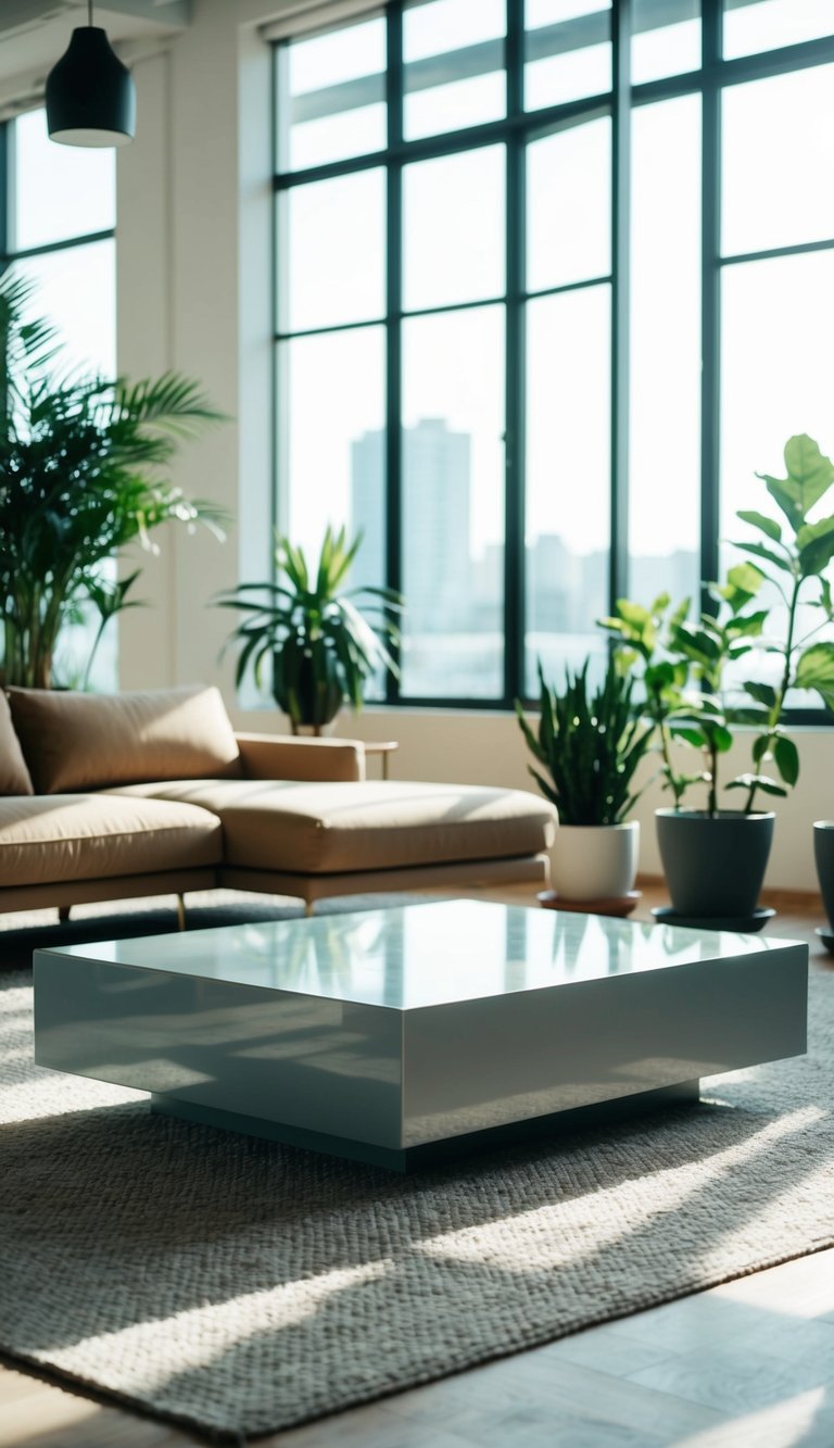 A sleek, rectangular coffee table sits in a sunlit room with large windows, surrounded by potted plants and modern furniture