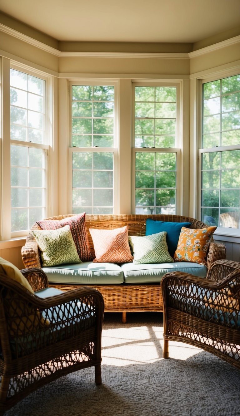 A cozy sunroom with 22 small throw pillows in various colors and patterns scattered on a wicker loveseat and two wicker chairs. Sunlight streaming in through large windows