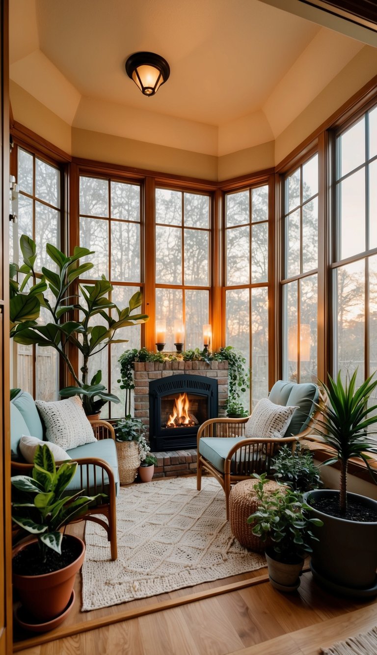 A cozy sunroom with a small fireplace, surrounded by plants and comfortable seating, bathed in warm natural light from large windows