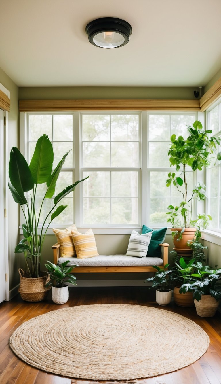 A circular rug anchors a cozy sunroom with potted plants and natural light