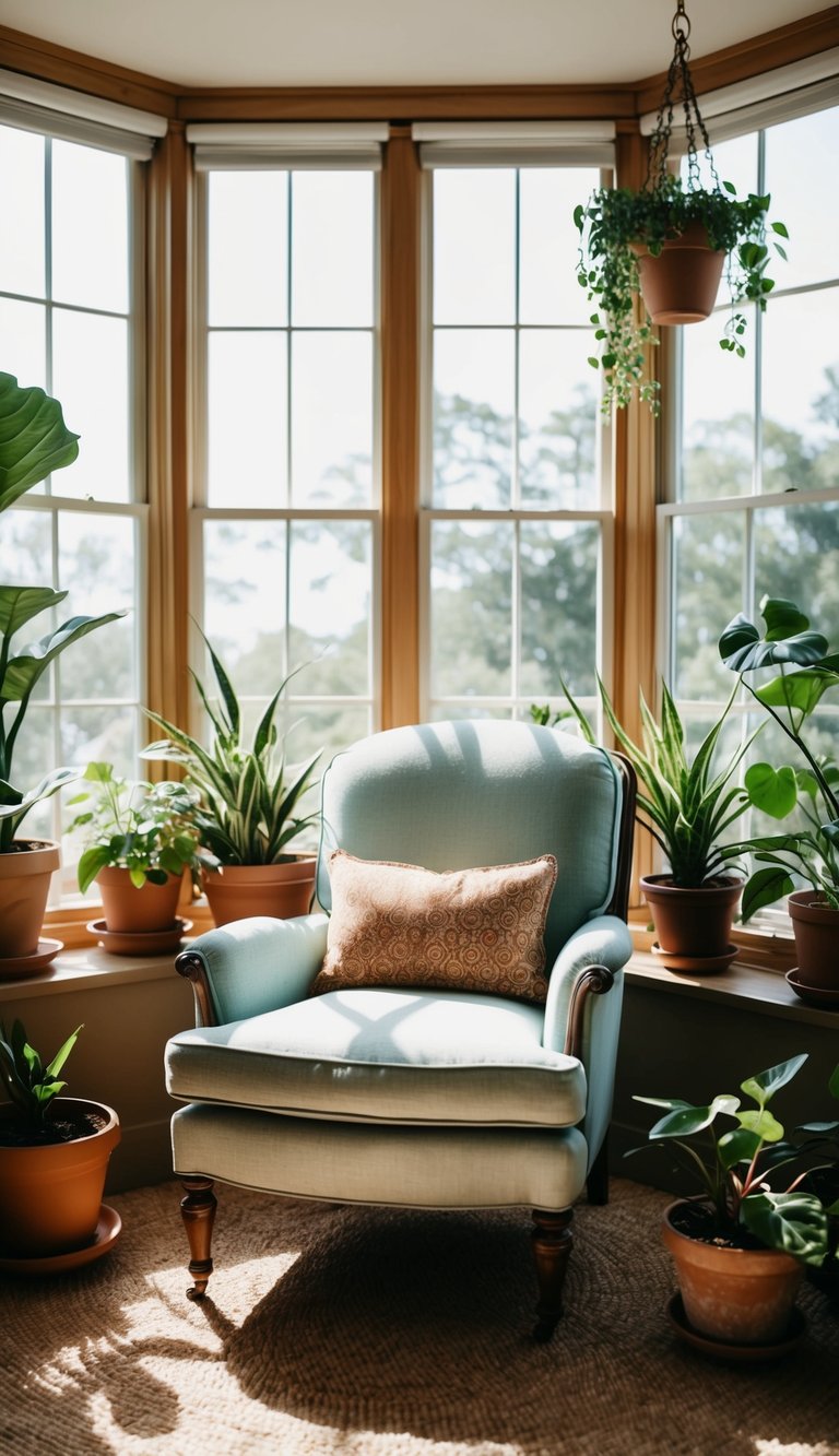 A vintage armchair sits in a cozy sunroom, surrounded by potted plants and bathed in natural light