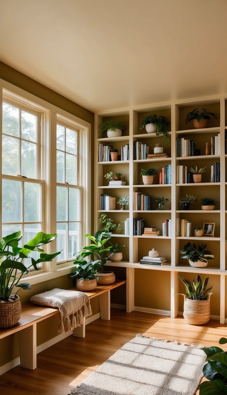 A cozy sunroom with 22 built-in shelves filled with plants, books, and decor. The room is flooded with natural light from the large windows, creating a warm and inviting atmosphere