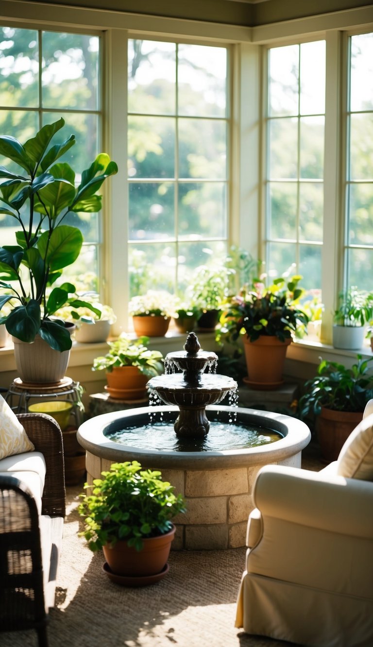 A cozy sunroom with a small indoor fountain surrounded by potted plants and comfortable seating. Sunlight streams in through large windows, creating a peaceful and tranquil atmosphere