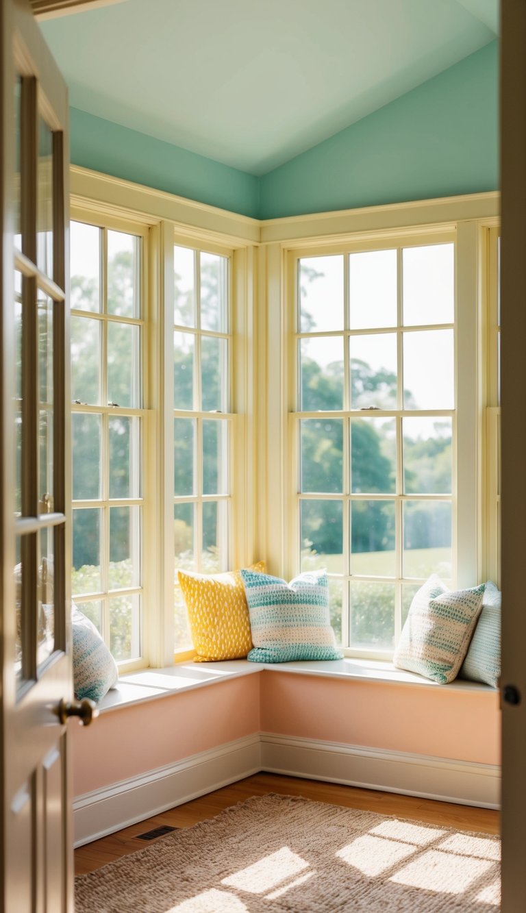 A cozy sunroom with 22 small windows, filled with natural light and painted in pastel colors