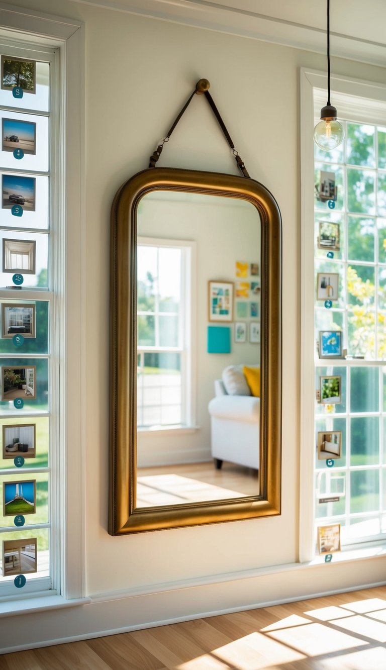 A large mirror hangs in a sunlit room with 22 small sunroom ideas displayed around it