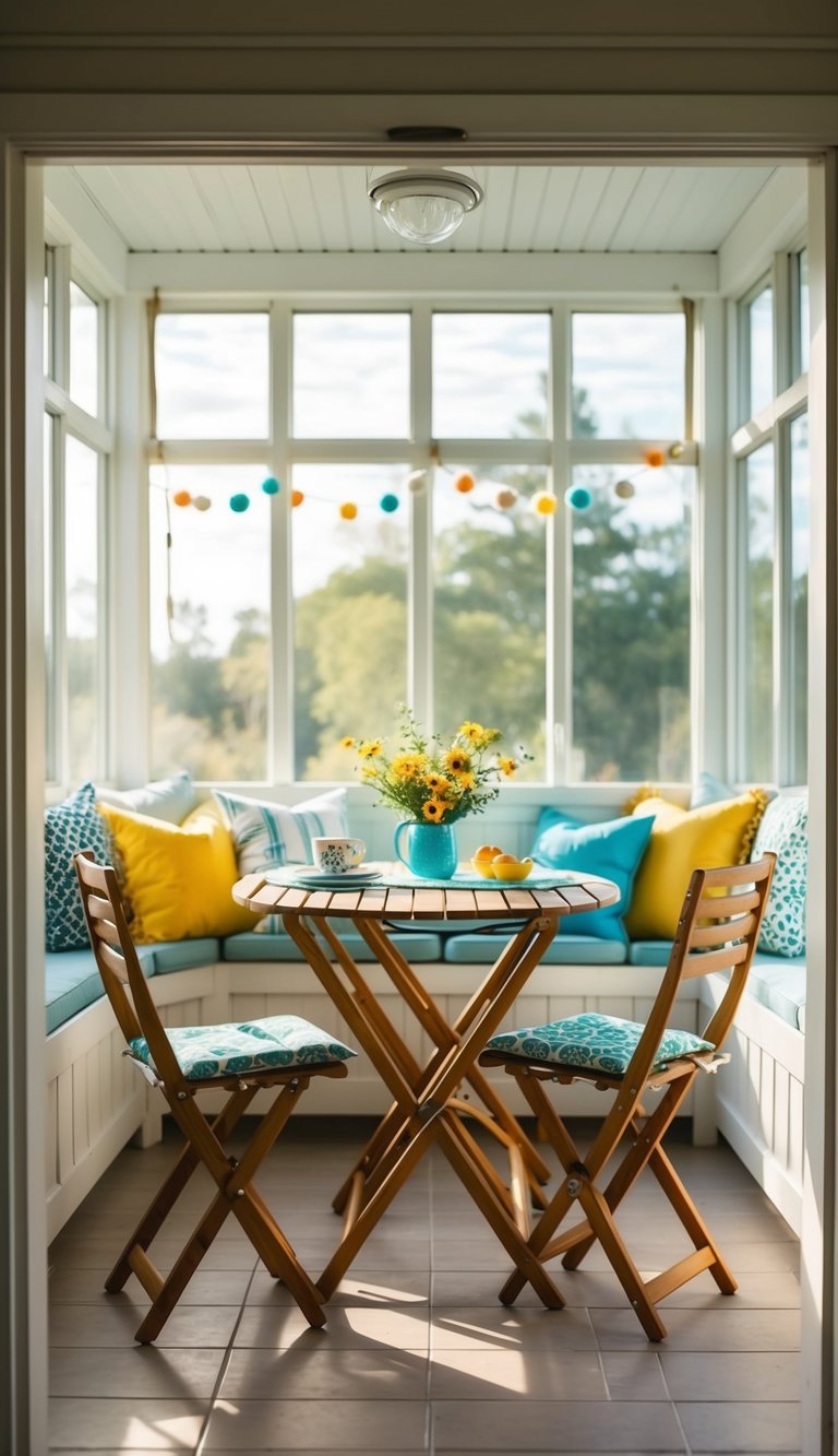 A small sunroom with a foldable dining table decorated with 22 bright and cozy design ideas