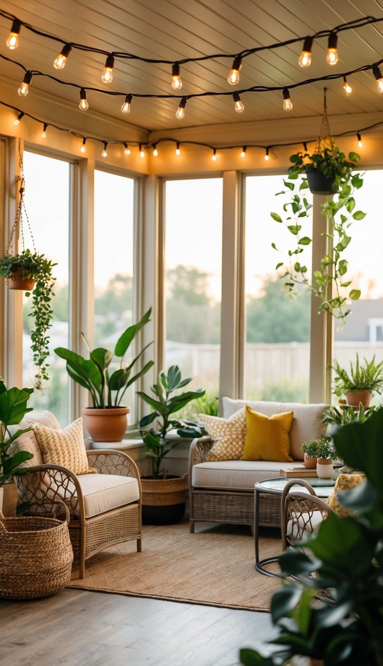 String lights hang above cozy sunroom with plants and comfy seating, creating a warm and inviting atmosphere