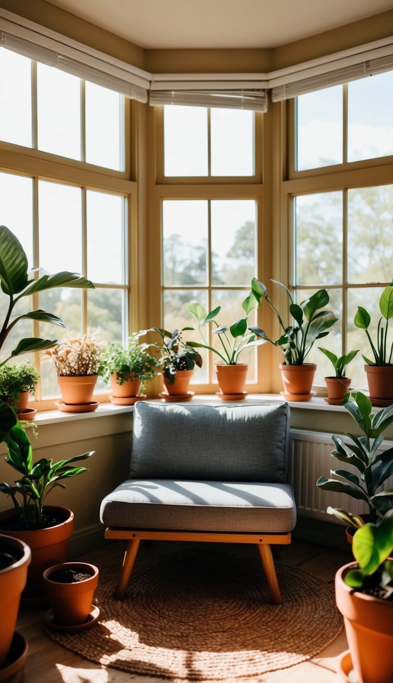 A cozy sunroom with a compact sofa surrounded by potted plants and warm natural light streaming in through large windows