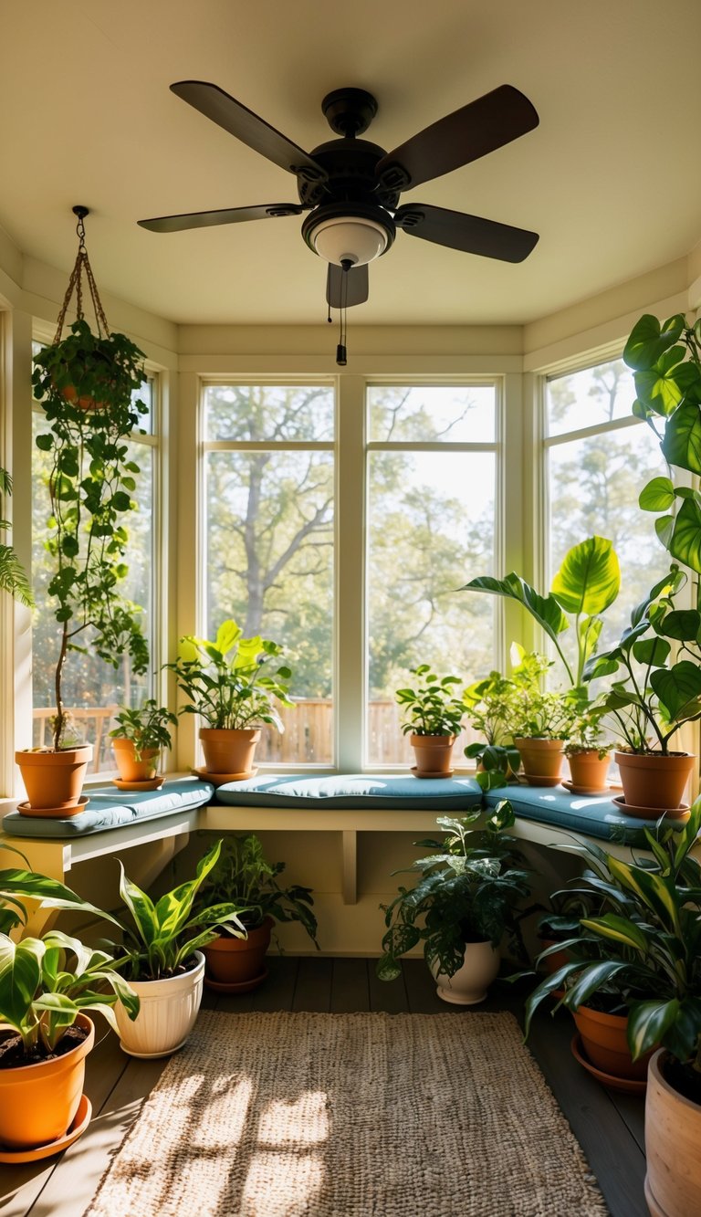 A cozy sunroom with a ceiling fan, surrounded by potted plants and filled with natural light