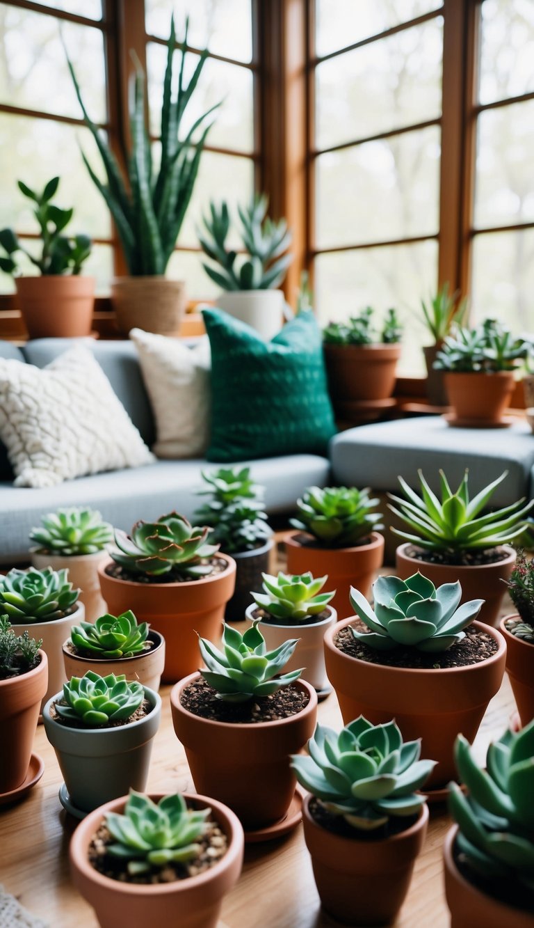 A cozy sunroom filled with 22 small succulents in various pots and planters. The space is bathed in natural light, with comfortable seating and a tranquil atmosphere