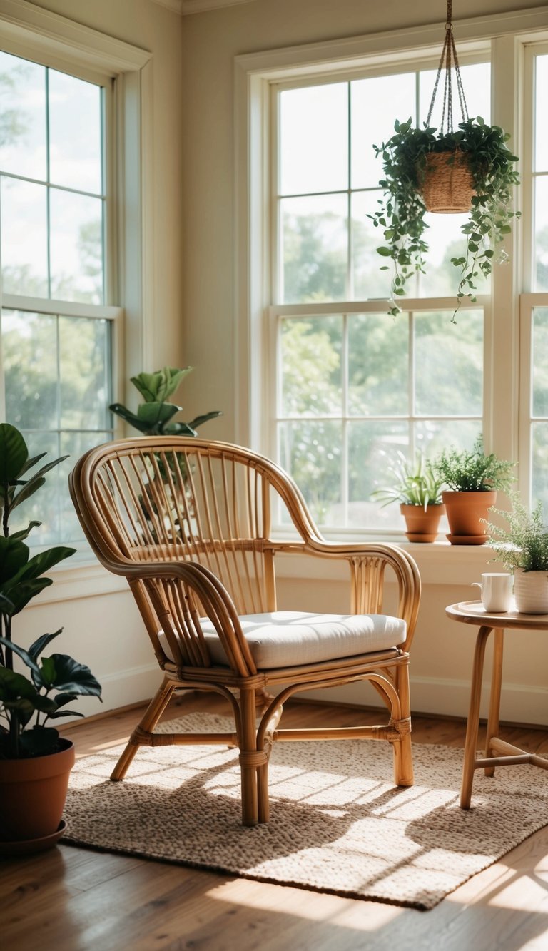 A cozy rattan chair set in a sunlit sunroom with potted plants and a small table