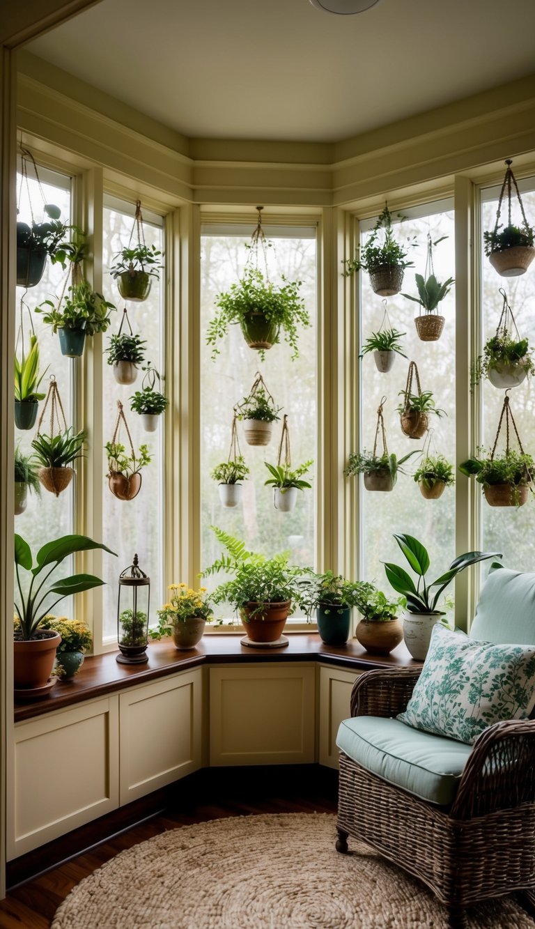 A cozy sunroom adorned with 22 pieces of botanical art, creating a serene and natural atmosphere