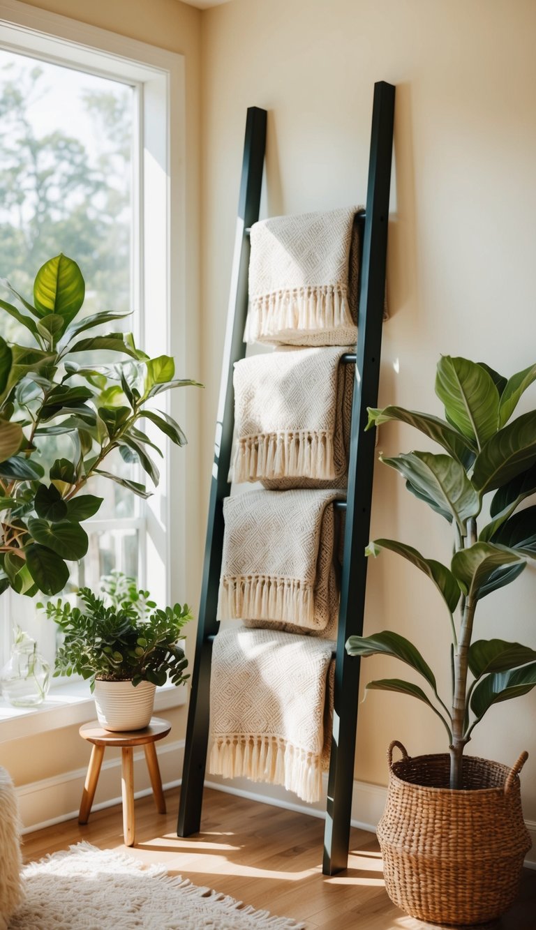 A decorative ladder holds cozy blankets in a sunlit, plant-filled sunroom