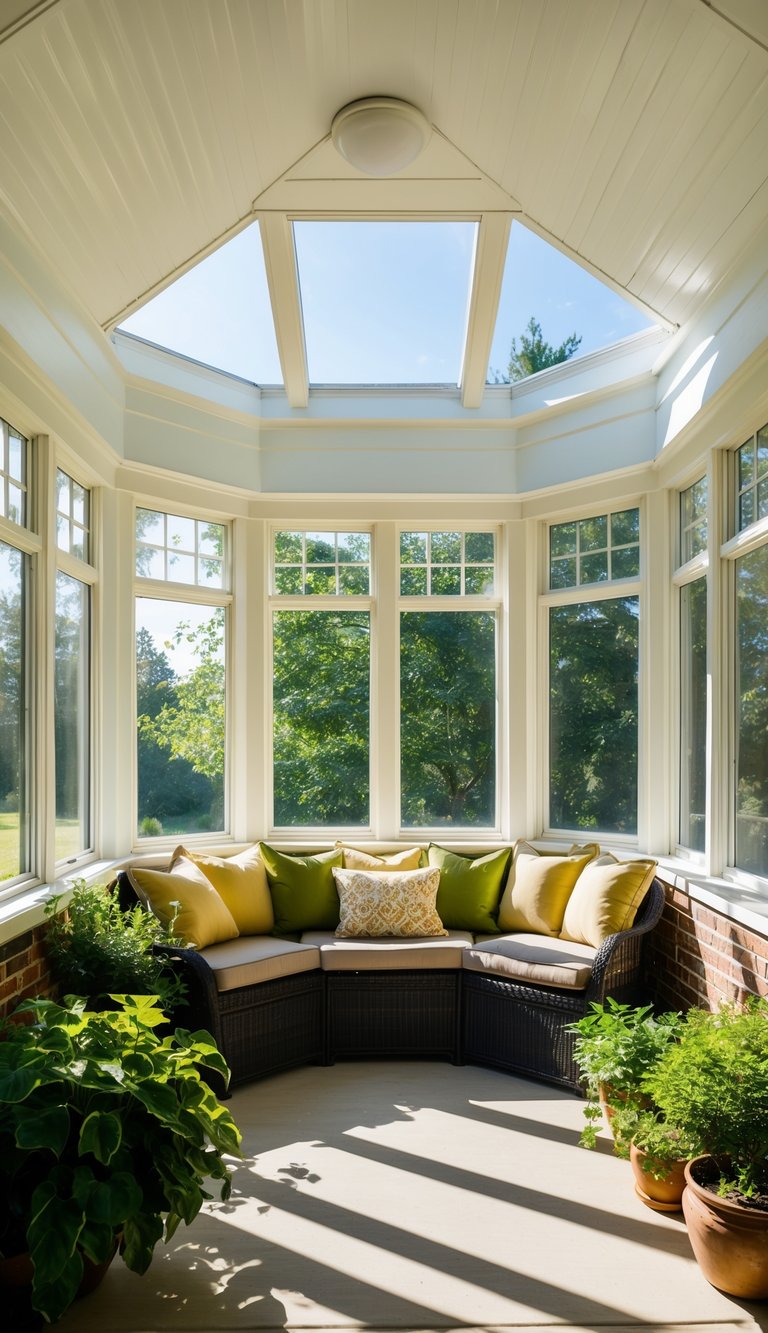 Sunlight streams through skylights into a spacious porch converted into a sunroom, showcasing a cozy seating area and lush greenery