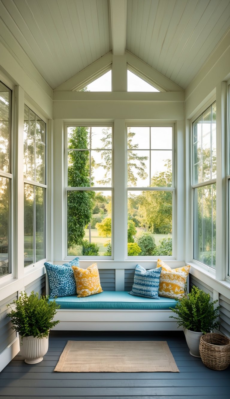 A sunny porch with large, energy-efficient windows, transformed into a cozy sunroom with various design ideas