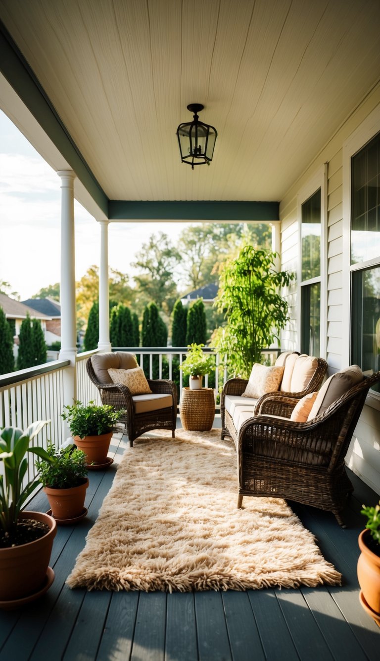 A sunlit porch with plush rugs, wicker furniture, and potted plants creates a cozy, warm atmosphere for a sunroom conversion