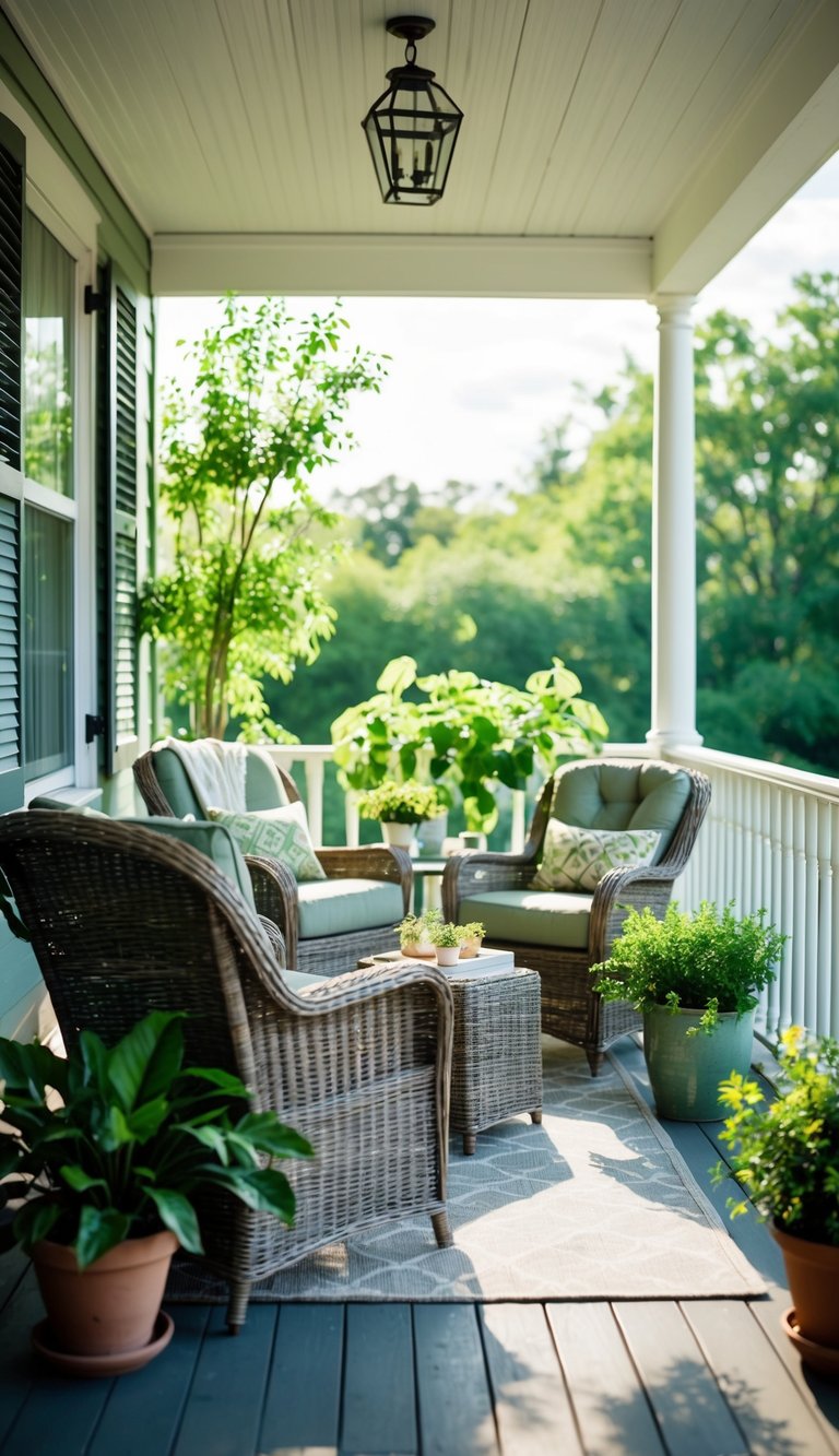 Wicker furniture arranged on a sunlit porch, surrounded by lush greenery and potted plants