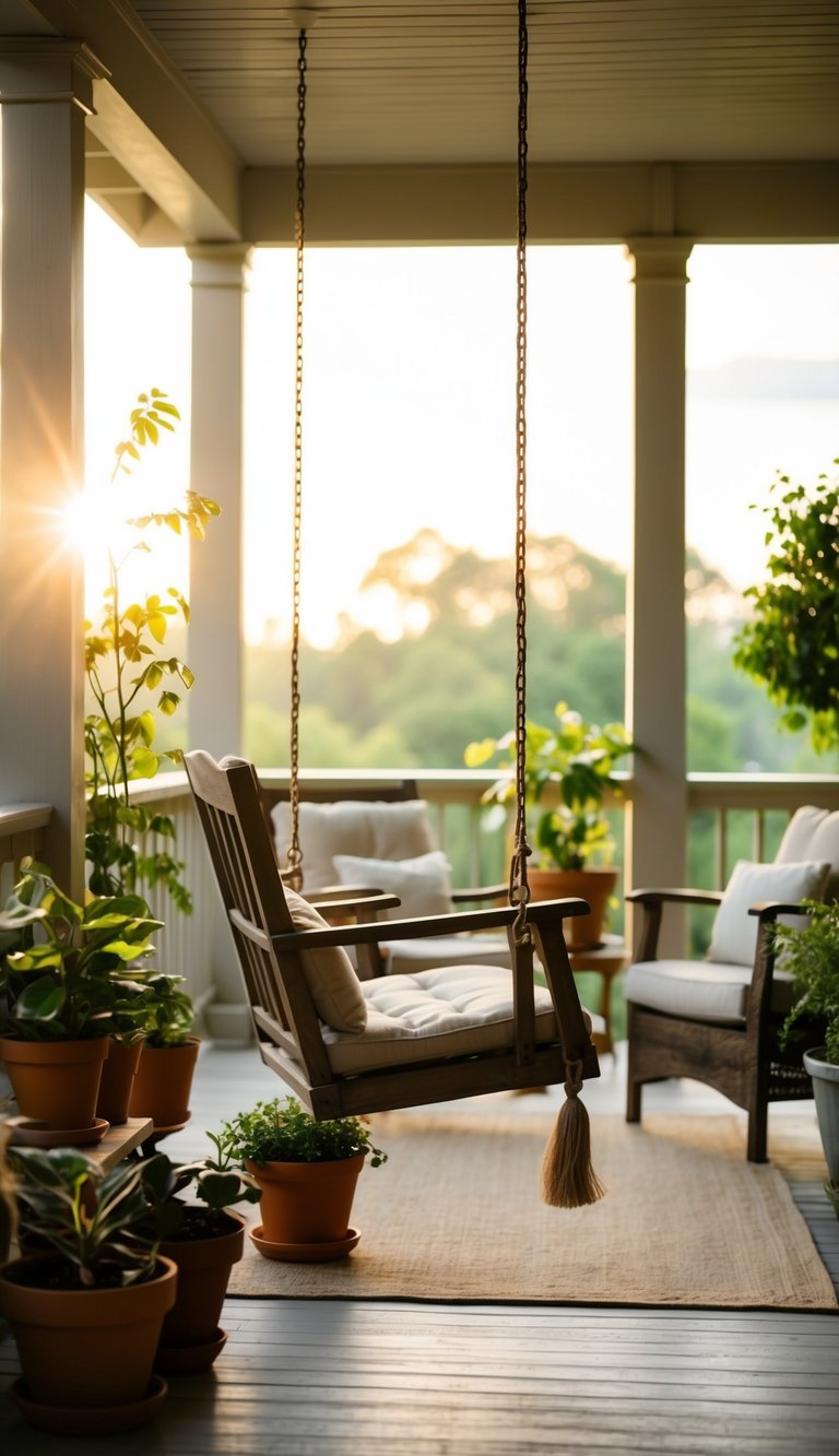 A swing chair hangs in a sunlit porch with potted plants and cozy seating, offering a tranquil space for relaxation and contemplation