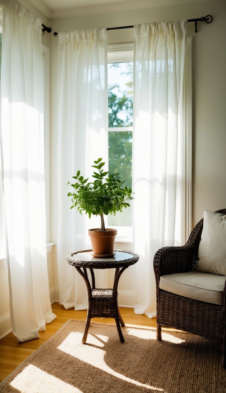 Sunlight filters through billowing white curtains in a bright, airy sunroom. A potted plant sits on a wicker table, and a cozy armchair beckons