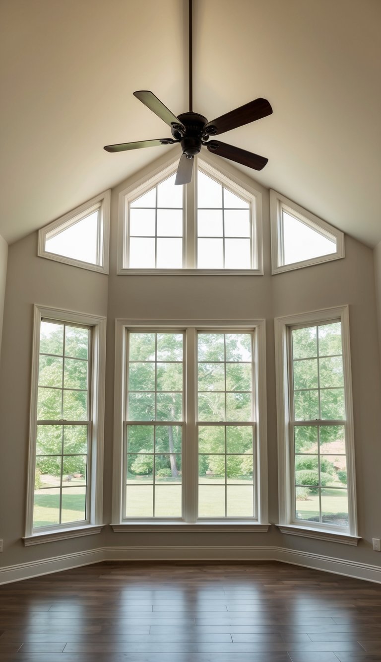 A spacious sunroom with a vaulted ceiling and large windows, featuring a ceiling fan for added comfort