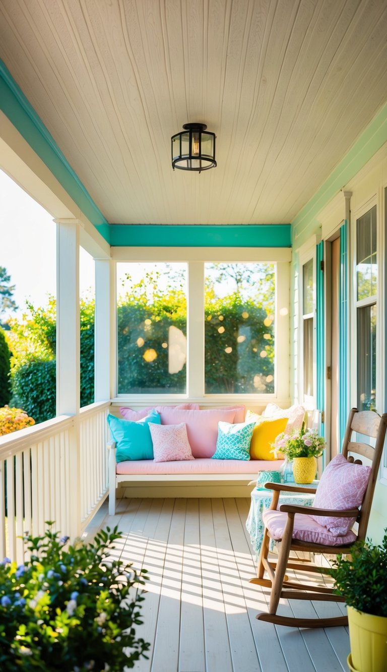 A cozy porch with pastel shades and sunlight streaming in, featuring various ideas for a sunroom conversion