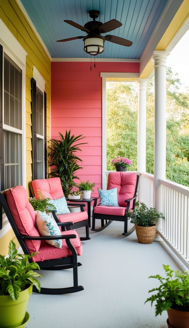 A vibrant accent wall transforms a sunlit porch into a cozy sunroom, with comfortable seating and potted plants creating a welcoming atmosphere