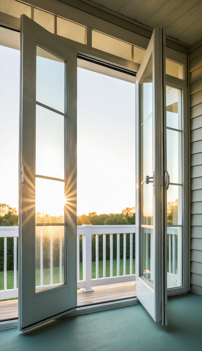 A glass door is being installed, opening from a porch to a sunroom. The sun is shining through, illuminating the space