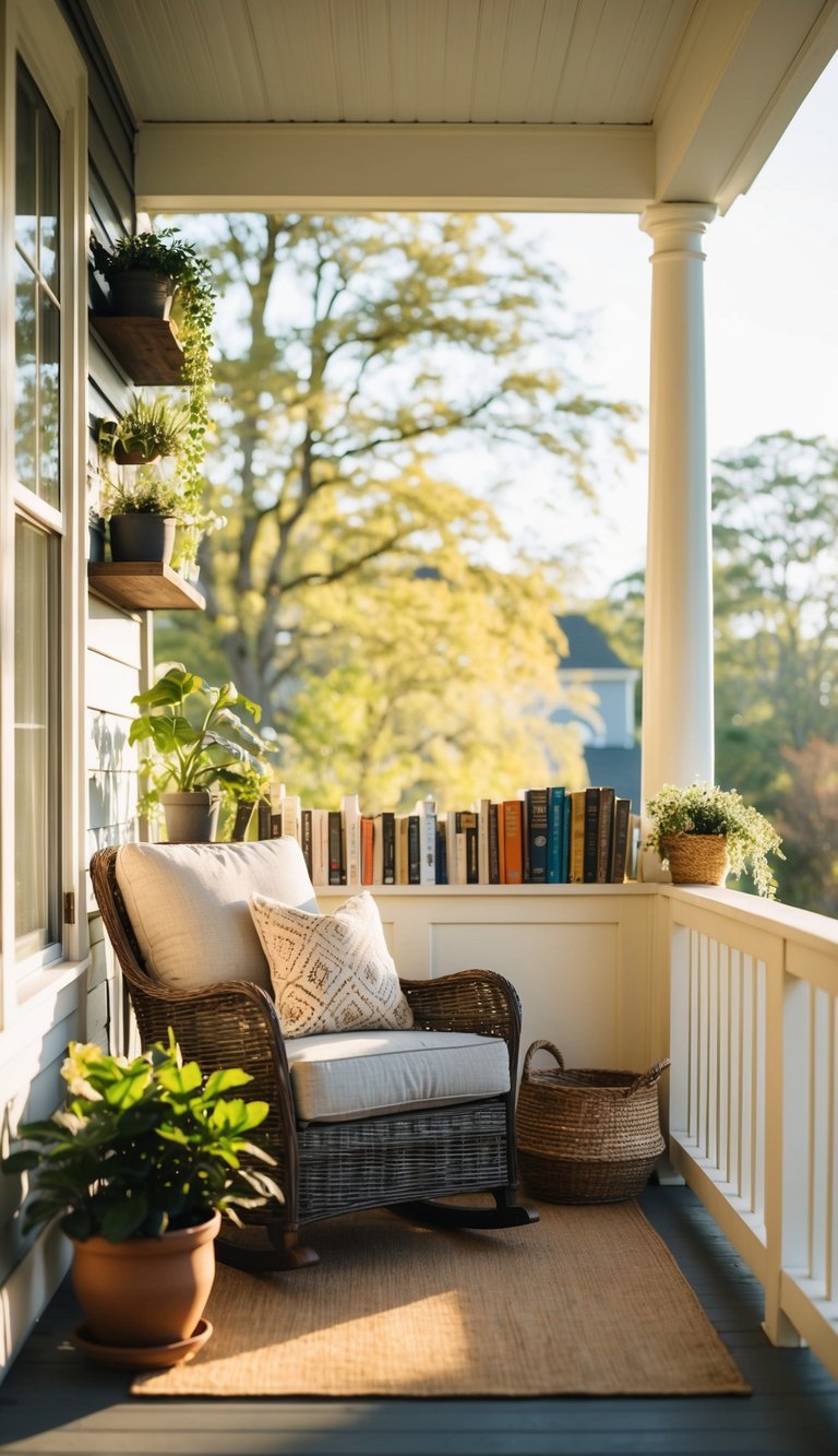 A cozy reading nook on a sunlit porch, with comfortable seating, warm lighting, and shelves filled with books and plants