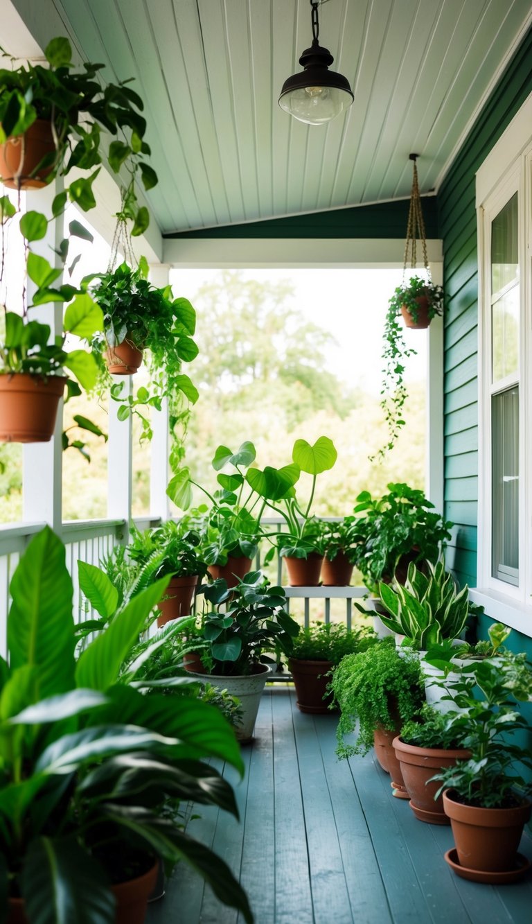 Lush green plants fill the converted porch, bringing life and color to the sunlit room