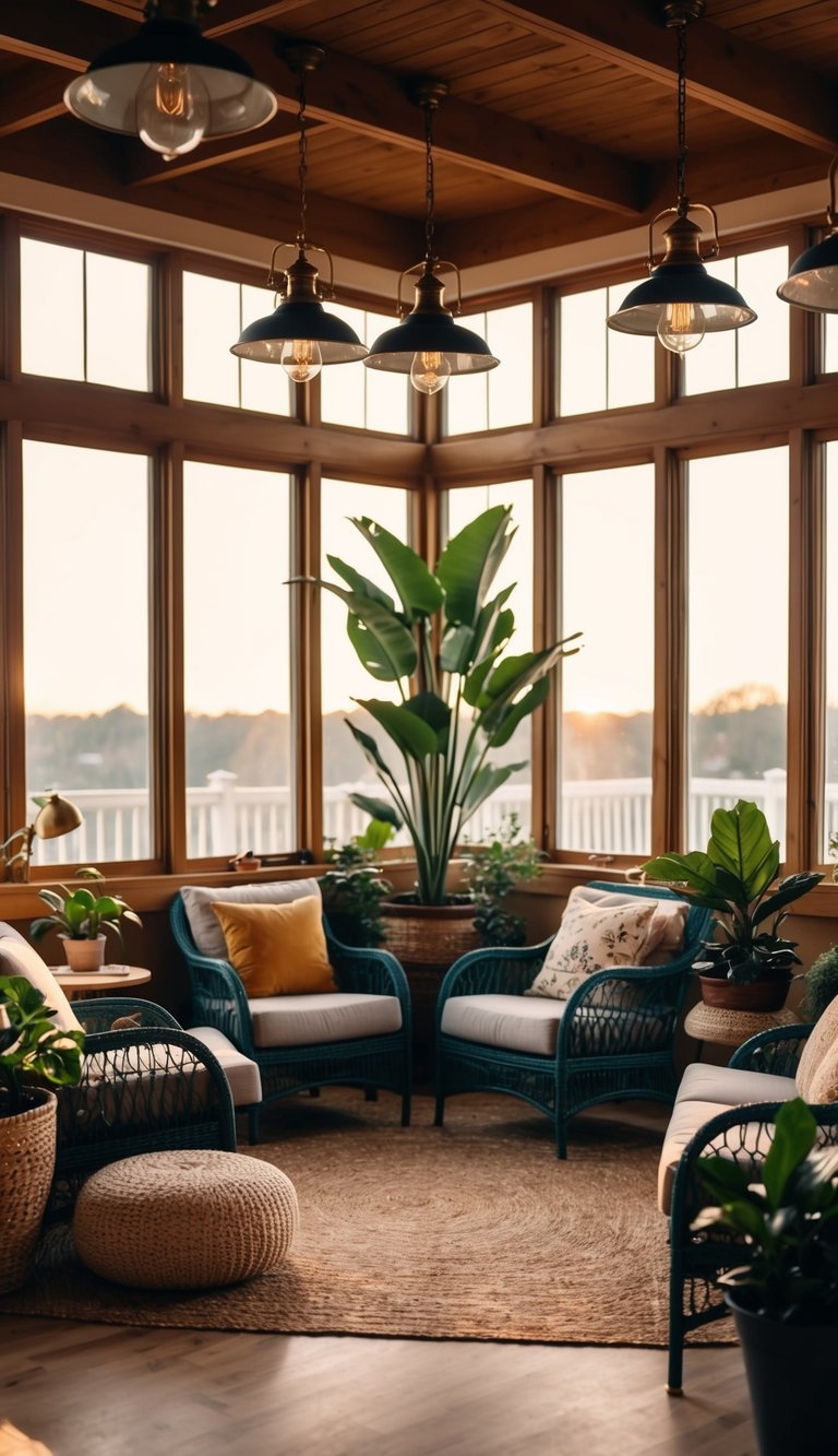 A cozy sunroom with vintage lighting fixtures casting a warm glow over a variety of seating and plant arrangements