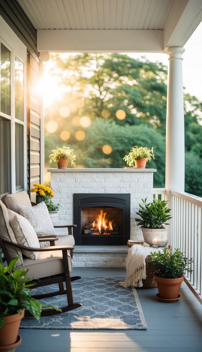 A cozy fireplace sits in the corner of a sunlit porch, surrounded by comfortable seating and potted plants