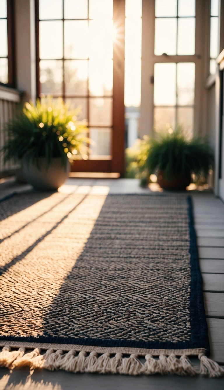 An outdoor rug lies on a sunlit porch, adding texture to the space. The warm sunlight filters through the windows, creating a cozy atmosphere