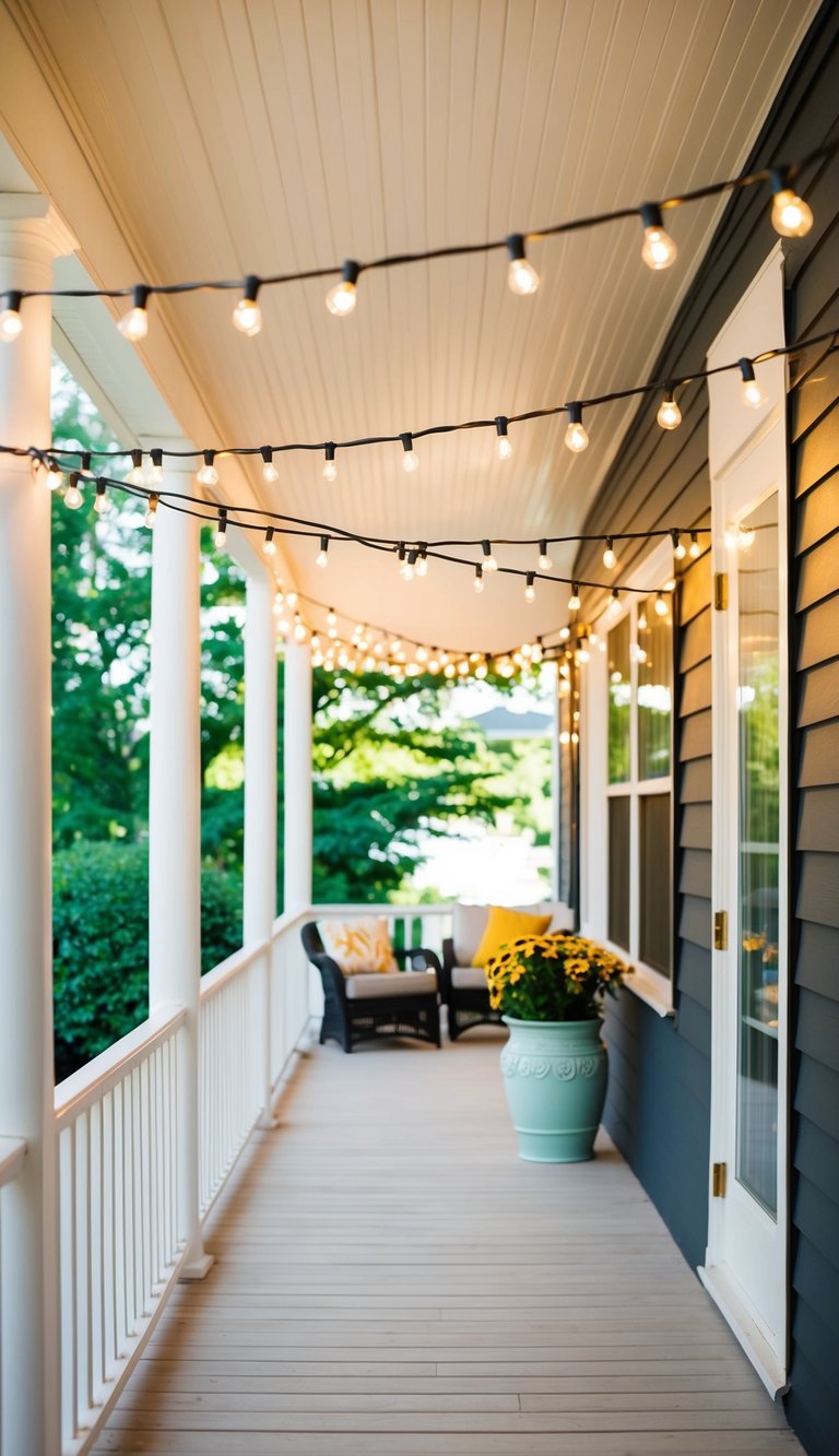 String lights crisscross above a cozy porch, leading into a sunlit sunroom