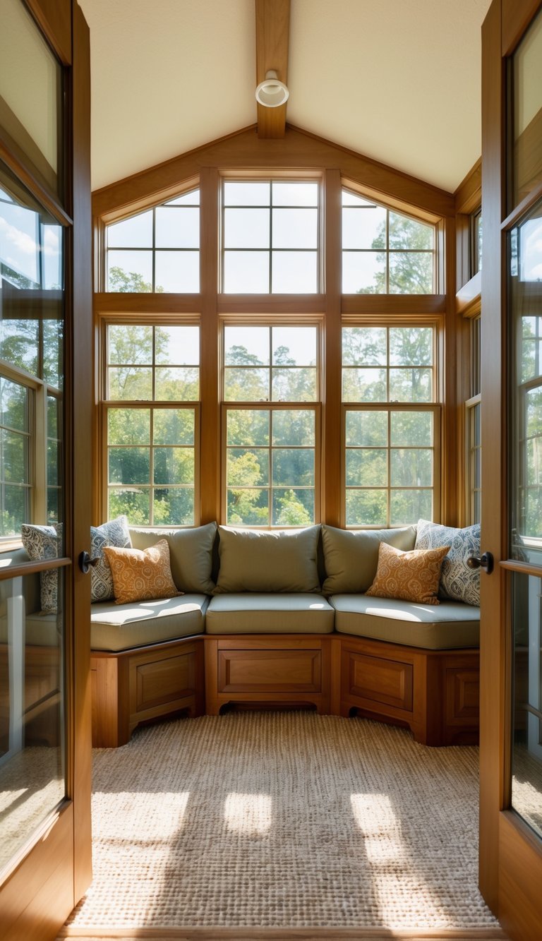 A cozy sunroom with built-in seating, surrounded by large windows and filled with natural sunlight