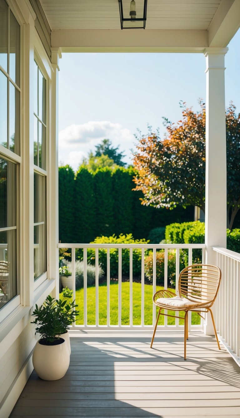 A sunlit porch with simple, modern furnishings and large windows overlooking a lush garden