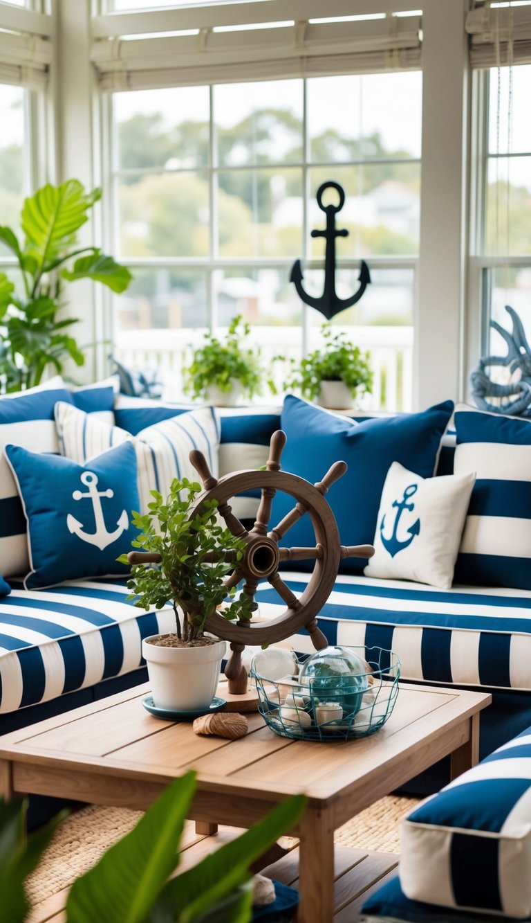 A sunroom with nautical decor: striped cushions, anchor wall art, and a ship wheel centerpiece on a wooden table, surrounded by potted plants and ocean-themed accessories