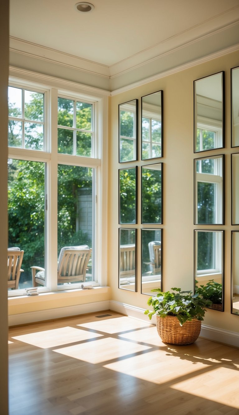 The sunroom is filled with natural light, reflecting off numerous mirrors strategically placed to enhance the sense of space