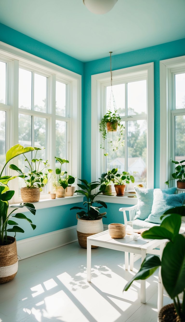 A cozy sunroom with light blue walls and white furniture, filled with plants and natural light pouring in through large windows