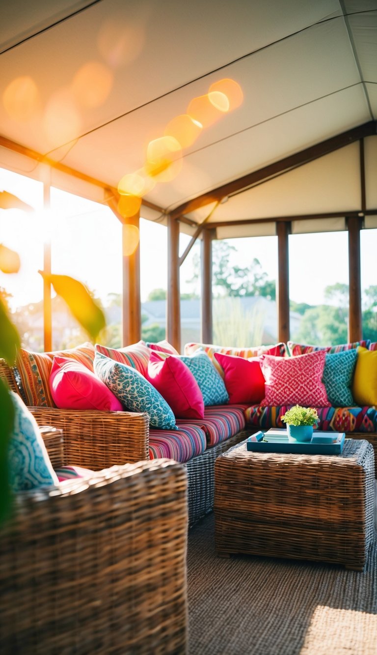 Colorful cushions adorn wicker furniture in a sunlit room