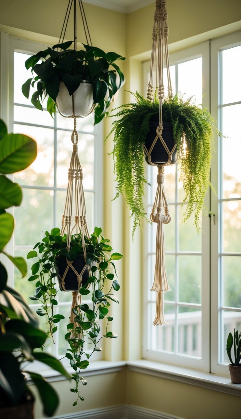 Lush green hanging plants cascade from macrame hangers near large sunlit windows in a cozy sunroom